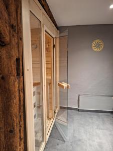 a room with a shower with a glass door at Blauer Stieg in Quedlinburg +23 photos