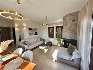 a living room with a couch and a fireplace at Pelion PNOES Luxury Seaview Villa with priv Garden in Káto Lekhónia