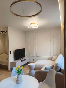 a living room with a couch and a tv at Apartament Krótka in Łomża