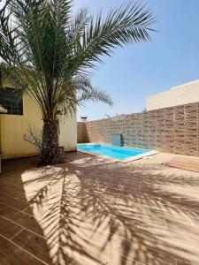 a palm tree sitting next to a swimming pool at Villa cleopatra in Mezraya
