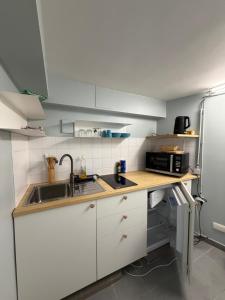 a small kitchen with a sink and a refrigerator at Cosy Studio naast station vlak bij Brussel in Hoeilaart