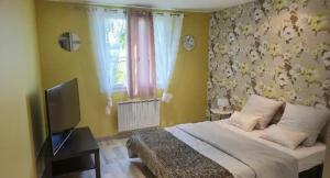 a bedroom with a bed and a tv and a window at Samedi soir au calme in Val De Livre
