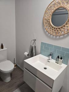 a bathroom with a sink and a toilet and a mirror at Still in Struisbaai +29 photos