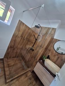 a shower with a glass door in a bathroom at Șura Moșului in Dobîca