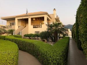 a house with green hedges in front of it at Timeless Memories Studio in Zipárion