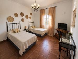 a bedroom with two beds and a tv and a mirror at Antigua Villa Medina casa con piscina 3 habitaciones in Marchena