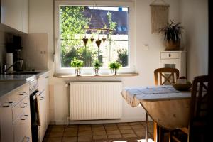 a kitchen with a window and a radiator at Anna's Landhaus in Soltau