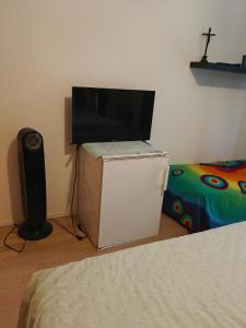 a room with a television on top of a refrigerator at Home luna &zeus in Lausanne