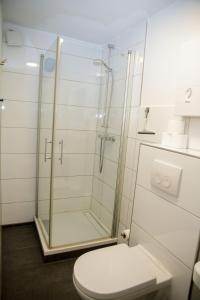 a bathroom with a glass shower and a toilet at Apartment für 3, 2 Boxspringbetten, Internet & Parkplatz in Dortmund +10 photos