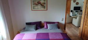 a bed with purple and blue pillows in a room at Ferienhaus Keim in Negenborn