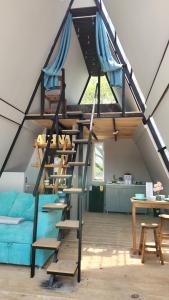 a loft bed with a spiral staircase in a room at Cabaña AlpinA Ixmiquilpan in Ixmiquilpan