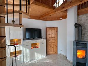 a living room with a tv and a stove at FH Waldidylle Nähe Torgau, Seebad Neumühle in Schildau