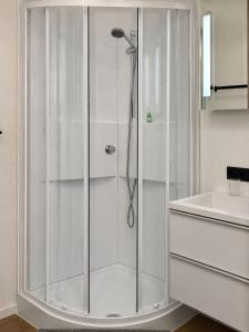 a shower with a glass door in a bathroom at Stadlchalet in Ried im Oberinntal +38 photos