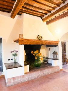 a room with a fireplace with a vase of flowers at Podere Tre Berte - The Sleeping Beauty in Acquaviva