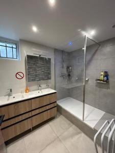 a bathroom with a shower and a tub and a sink at Ty avel in Crozon +58 photos