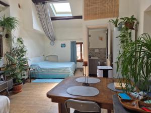 a room with a table and a bed and plants at Sogno di Pinka in Calcata