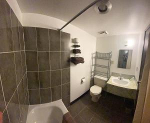 a bathroom with a toilet and a sink at Pine Creek Motel in Waskatenau
