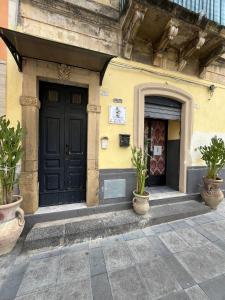 a building with a black door and two potted plants at Palazzo Ruisi in Scordia
