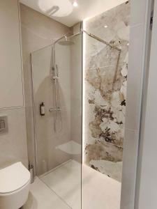 a bathroom with a shower and a toilet at Apartament Krótka in Łomża