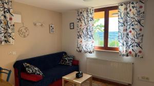 a living room with a blue couch and a window at Apartment ZARJA in Dobrnič