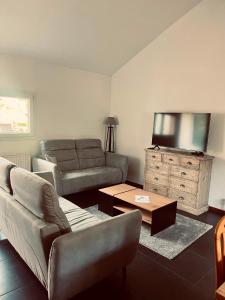 a living room with a couch and a tv at Le Chalet de la Coudre in Neuchâtel