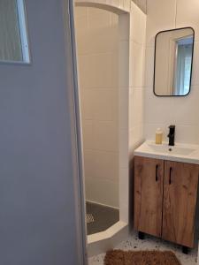 a bathroom with a shower and a sink and a mirror at Pod Sosnami 46 in Pobierowo +29 photos