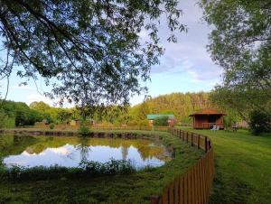 a pond in a park with a gazebo at Agrodomek in Łowyń