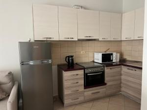 a kitchen with a refrigerator and a microwave at Garden view apartment in Karpen