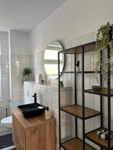 a bathroom with a sink and a mirror at Cityapartment Rosi in Pasewalk