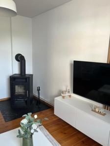 a living room with a television and a fireplace at Cityapartment Rosi in Pasewalk