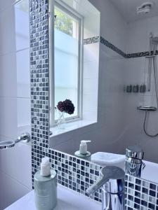 a bathroom with a sink and a shower with a window at Kronovall Park Residence in Skåne-Tranås