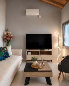 a living room with a flat screen tv on a wall at Villa Harmonia II-Seafront Retreat in Livadáki
