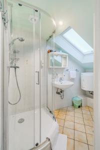 a bathroom with a shower and a sink at Guesthouse Sobe Silva in Tolmin +51 photos
