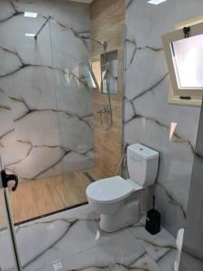 a bathroom with a white toilet and a shower at Hotel Restorant Genti Peshkatari in Orikum