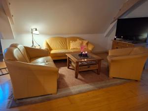 a living room with two couches and a tv at Rosarote Insel - La Vie en Rose in Lindau