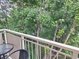 a balcony with a table and chairs and trees at Mała dziupla in Opole