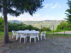 a white table and chairs sitting under a tree at Ostello di Montefiorino in Montefiorino