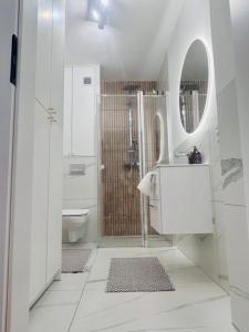 a white bathroom with a shower and a toilet at Apartament Drohiczyńska in Siemiatycze