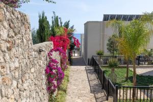 a stone wall with pink flowers on it at Aria apartment 2 in Dhërmi