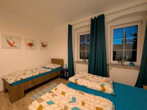 a bedroom with two beds and two windows at Olsinky in Ústí nad Labem
