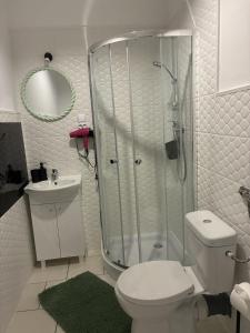 ein Badezimmer mit Dusche, Toilette und Waschbecken in der Unterkunft Łowicka22 in Piątek