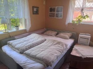 a large bed in a room with two pillows on it at Sweet guest house with a view in Sävsjö