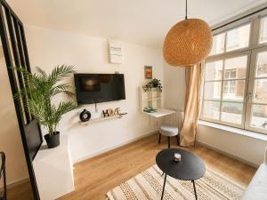 a living room with a flat screen tv on a wall at L'Instant Saint-Epvre Charm & Old Town in Nancy