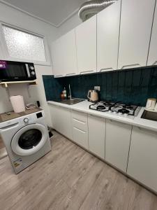 a kitchen with a washing machine and a stove at Mykolaichuka in Chernivtsi
