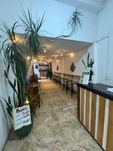 a restaurant with tables and potted plants in a room at POUSADA CÔCO MALUCO Centro Búzios in Búzios