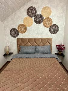 a bedroom with a large bed with circles on the wall at Котедж Villagoria з теплим басейном in Slavske