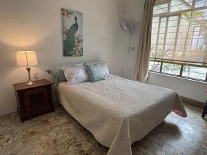 ein Schlafzimmer mit einem Bett, einer Lampe und einem Fenster in der Unterkunft Bright Room in Córdoba