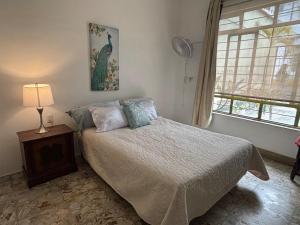 ein Schlafzimmer mit einem Bett, einer Lampe und einem Fenster in der Unterkunft Bright Room in Córdoba