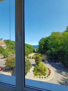 a view of a garden from a window at Hotel Dom Marynarza in Gdynia +27 photos