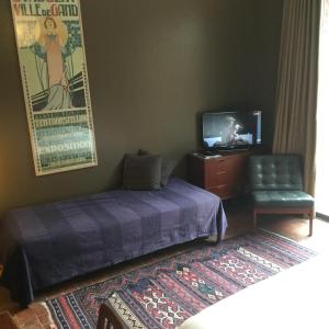 een slaapkamer met een bed, een tv en een stoel bij Baeten's bed and breakfast in Gent